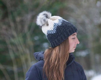 Hand Knit Chunky Beanie with Faux Fur Pom Pom