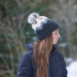 Hand Knit Mountain Beanie - Chunky Knit Hat - Removable Faux Fur Pom Pom - Unisex Beanie