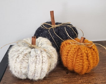Chunky Knit Pumpkin Decor: Farmhouse Fall Decoration with Cinnamon Stick