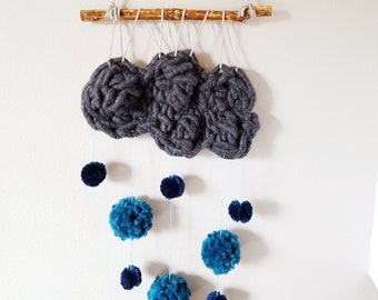 Blue Cloud Burst Wall Hanging - Cloud and Rain Mobile - Crochet Wall Art - Fiber Art