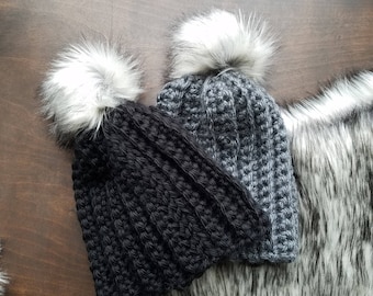 Crochet Ribbed Beanie with Faux Fur Pom: Unisex Slouchy Style