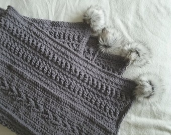 Crochet PDF Pattern - Winter Is Here Crochet Blanket with Faux Fur Pom Poms - Make Your Own Blanket - DIY pompom tutorial