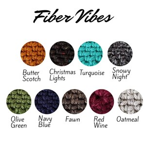 May include: A color chart of ten different yarn colors, including Butter Scotch, Christmas Lights, Turquoise, Snowy Night, Olive Green, Navy Blue, Fawn, Red Wine, and Oatmeal. The yarn is crocheted into small circles.
