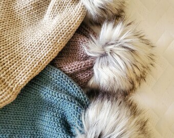 Hand Knit Chunky Beanie with removeable Faux Fur Pom Pom