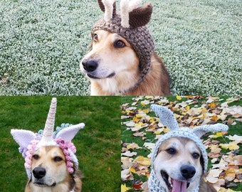 Crochet PDF Pattern, Make your own Dog Costume - Unicorn, Bunny, and Deer to add onto Hound Hoodie, Dog Scarf, Pet Accessories, Dog Snood