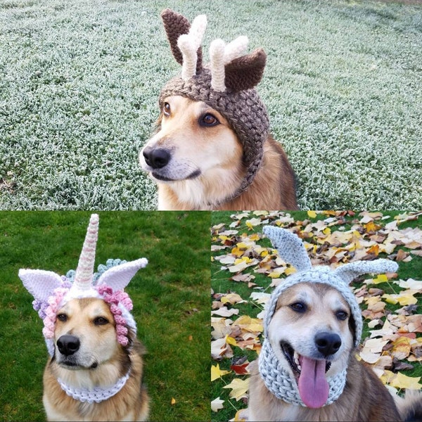Crochet PDF Pattern, Make your own Dog Costume - Unicorn, Bunny, and Deer to add onto Hound Hoodie, Dog Scarf, Pet Accessories, Dog Snood