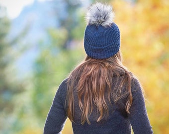 Hand Knit Beanie: Double Brim Acrylic Knitwear with Faux Fur Pom