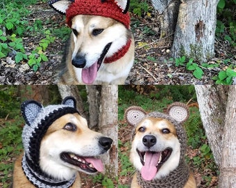 Crochet PDF Pattern, Make your own Dog Costume - Fox, Raccoon, Bear ears to add onto Hound Hoodie, Dog Scarf, Pet Accessories, Dog Snood