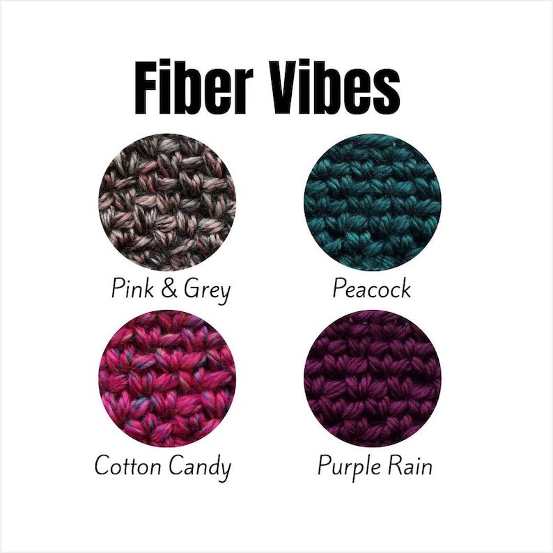 May include: Four yarn swatches in different colors: pink and grey, peacock blue, cotton candy pink, and purple rain. The swatches are labeled with their color names.