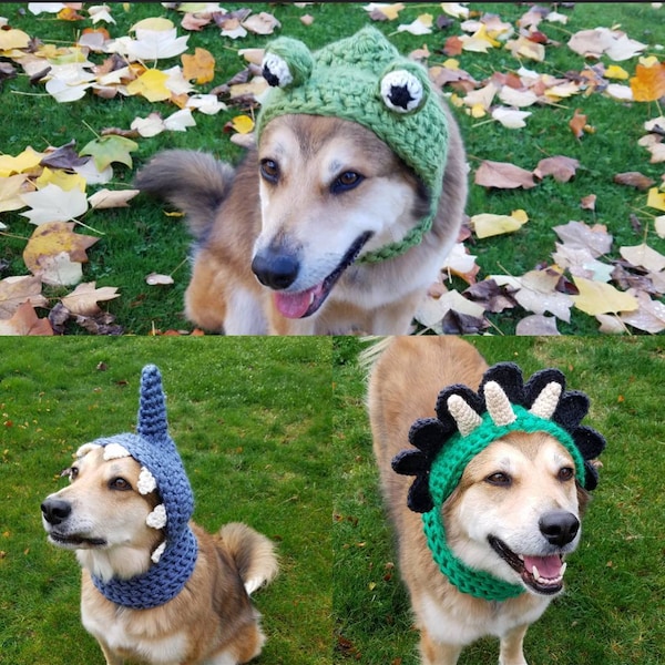 Crochet PDF Pattern, Make your own Dog Costume - Dinosaur, Shark, and Frog to add onto Hound Hoodie, Dog Scarf, Pet Accessories, Dog Snood