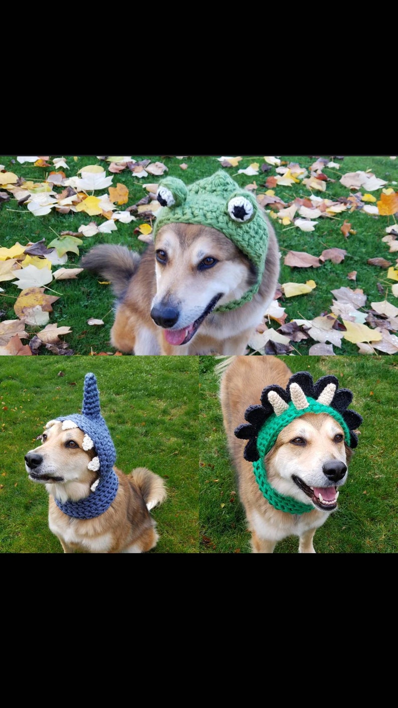 Crochet PDF Pattern, Make your own Dog Costume Dinosaur, Shark, and Frog to add onto Hound Hoodie, Dog Scarf, Pet Accessories, Dog Snood image 1
