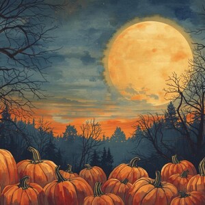 Op de afbeelding: Een digitale schildering van een Halloween-scène met oranje pompoenen op de voorgrond. Een grote volle maan schijnt in de lucht boven een donker bos. Kale bomen omlijsten de scène en creëren een spookachtige sfeer.