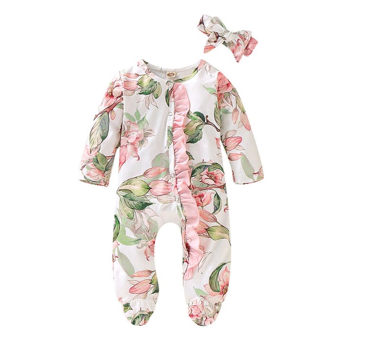 Pink and Green Flower Baby Girl One Piece Pjs Etsy