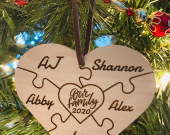 Family Heart Ornament - Customized, Laser Engraved, Wooden Ornament