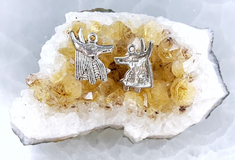 May include: Two silver Anubis charms, one facing left and one facing right, are displayed on a bed of yellow citrine crystals.