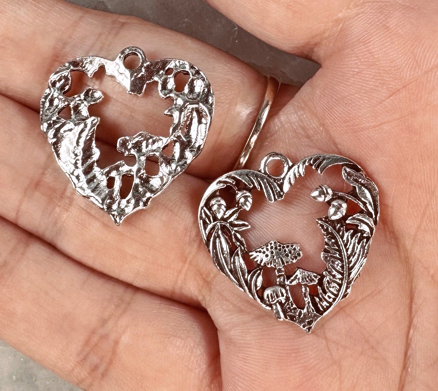 4 Mushroom forest heart charms, forest foliage pendants, fairy cottage core, jewelry supplies, nature witch gift, set of 4