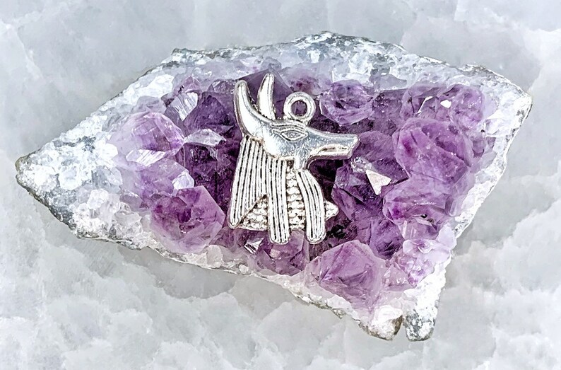 May include: Silver Anubis pendant charm resting on a bed of purple amethyst crystals.