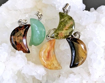 Mixed moon pendants, 3/4” semi precious gemstone crescent moons, handmade jewelry, jewelry making supplies, 1 stone or 1 of each