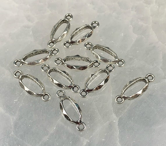10 Oval connectors, faceted silver alloy charms, double sided, jewelry making supplies, set of 10