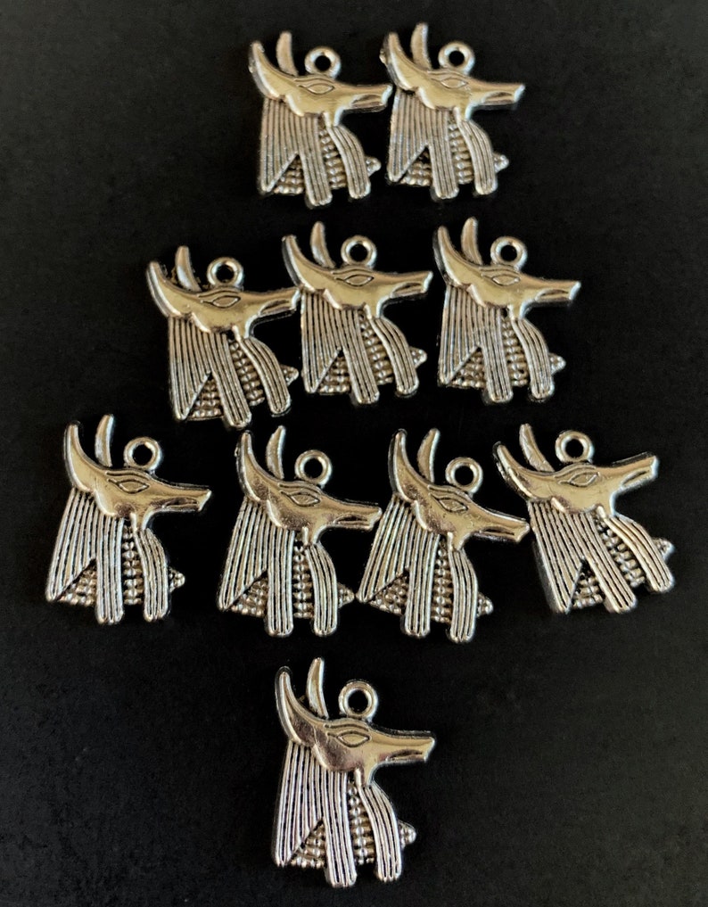 May include: Twelve silver charms in the shape of an Egyptian god's head with a human face and a jackal's head. The charms have a detailed design and are perfect for jewelry making.