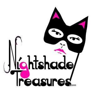 May include: Black and white logo with the text "Nightshade Treasures" and a pink cat mask with eyelashes. The text "C 2008" is in the bottom right corner.