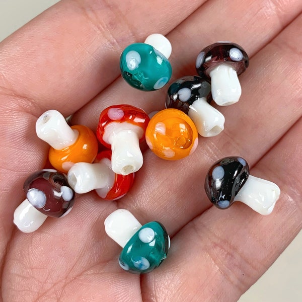 10 Mushroom glass beads, 10x12mm handmade fungus lampwork beads, mixed colors, witchy jewelry supplies, set of 10