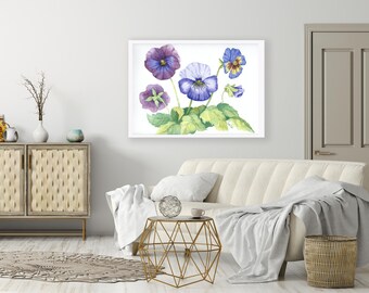 ブルーパンジー水彩画庭園複製 - Etsy 日本