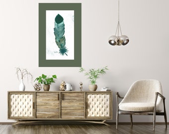 Green and Teal Feather Watercolor Painting