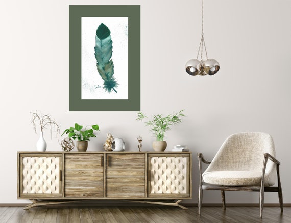 Green and Teal Feather Watercolor Painting