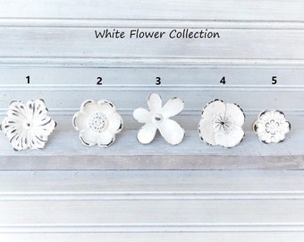 Daisy Flower Knob, Floral Drawer Pull, Distressed White Carnation Handle