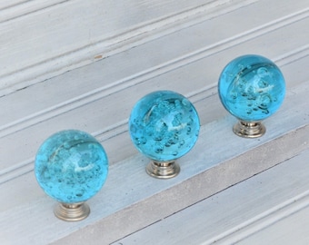 Blue Glass Cabinet Knob, Furniture Dresser Drawer Pull, Coastal Nautical Beach Decor, Aqua Blue Glass Handle Hardware