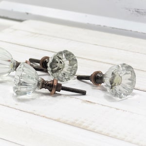 May include: Four clear glass cabinet knobs with a faceted design and copper colored screws.