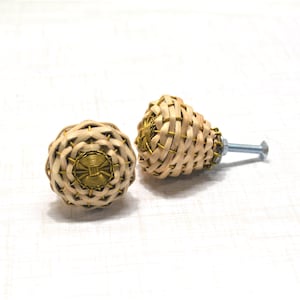 Tan Woven Straw and Metal Knob, Basket Drawer Pull, Weave Furniture Knob