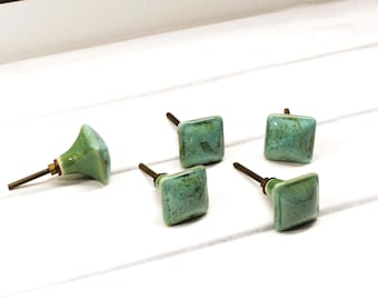 Green Sea Glass Ceramic Knob, Square drawer pull, Furniture handle, Beach House Cabinet Hardware