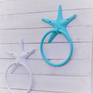 Starfish Towel Ring, Beach Nautical Decor, Coastal Bathroom Kitchen Hook, Star Fish Art image 3