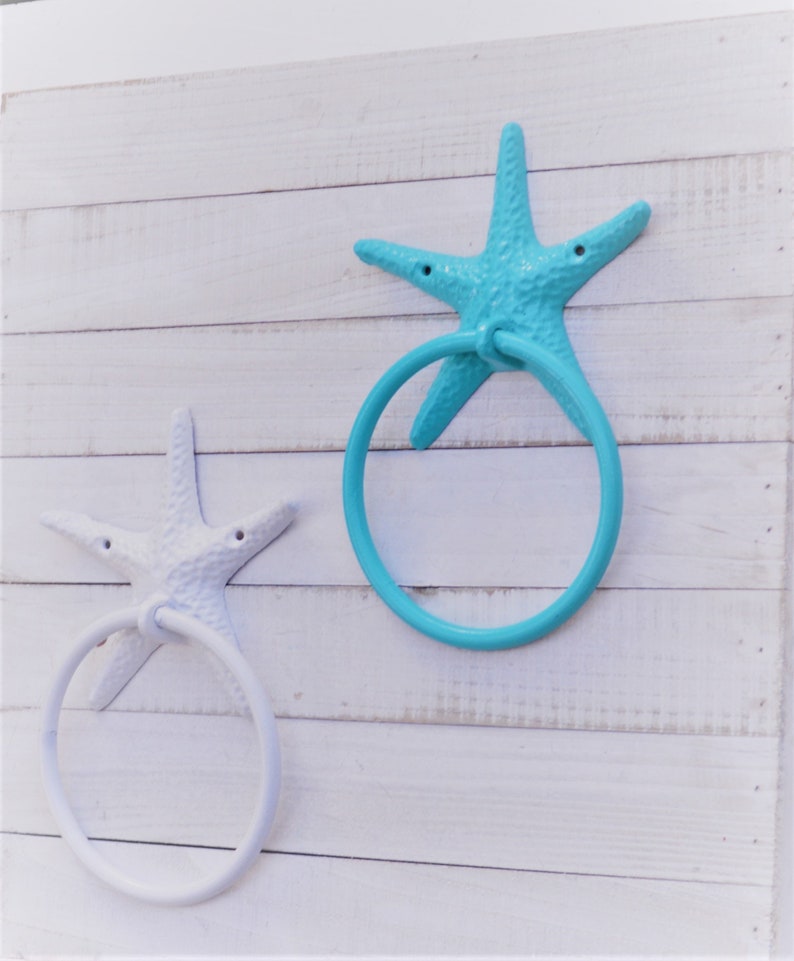 Starfish Towel Ring, Beach Nautical Decor, Coastal Bathroom Kitchen Hook, Star Fish Art image 3