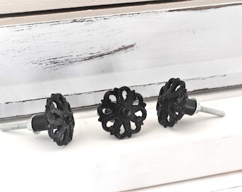 Black Open Cut Knob, Flower Drawer Pull, floral door handle, kitchen Cabinet Handle