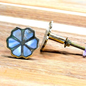 May include: A decorative cabinet knob with a flower design. The knob features a mother-of-pearl center with a silver-colored metal frame. The hardware includes a gold-colored metal stem, a screw, and a nut. The knob is on a wooden surface.