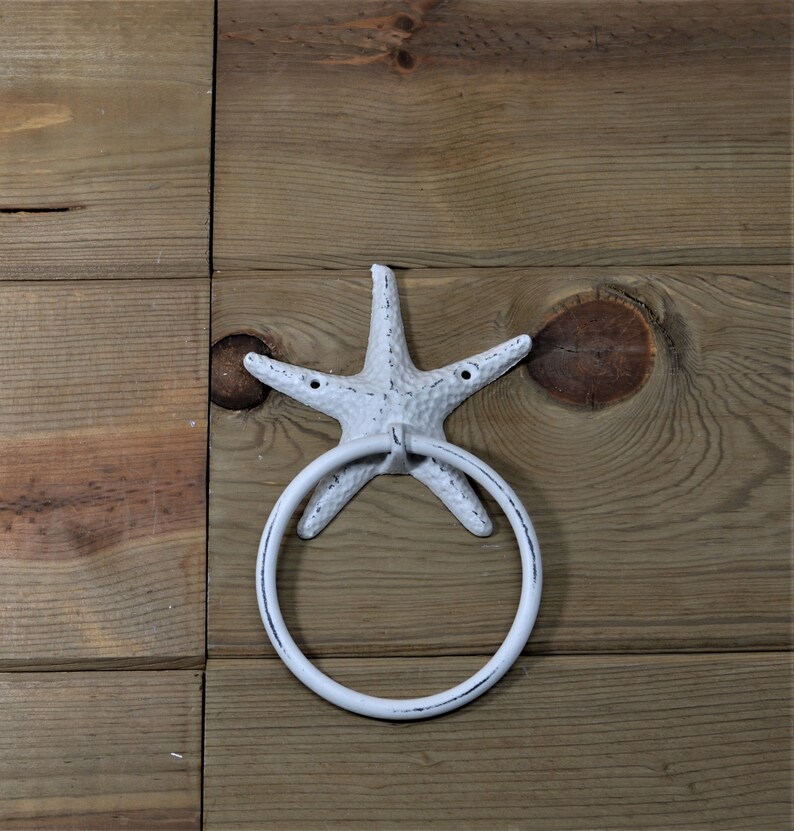 Starfish Towel Ring, Beach Nautical Decor, Coastal Bathroom Kitchen Hook, Star Fish Art image 2