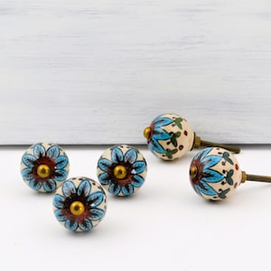 Blue Sunflower Knob, Ceramic Drawer Pull, Floral Door Handle