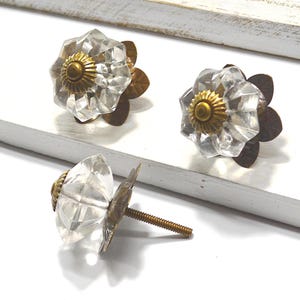 Glass Scallop Knob, Faceted Floral Drawer Pull, Bronze Door Handle with Back Plate, Cabinet Hardware