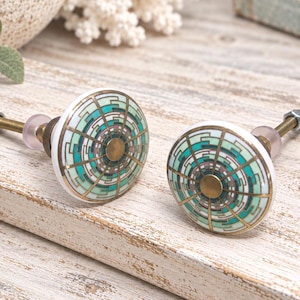 Green Intricate Pattern cabinet knob inspired by Mosaic and Mandala artwork