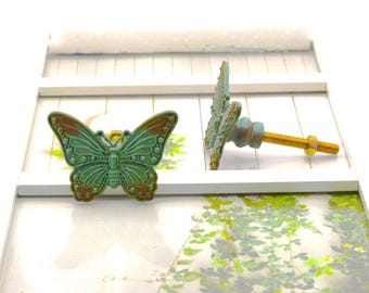 Butterfly Knob, Rustic Green Monarch, Insect Furniture Handle