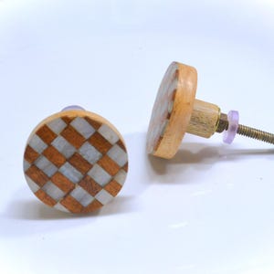 Wood and Abalone shell knob, Checkerboard drawer pull, Dresser hardware