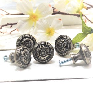 Antique Silver Flower Knob, Pewter Daisy Drawer Pull, Furniture Hardware