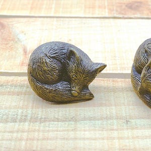 May include: Bronze-colored fox figurine in a curled-up sleeping position. The fox has detailed fur texture and is set against a light-colored wooden surface. The figurine is a decorative item.