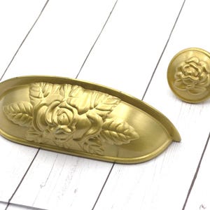 Brass Cup Pull, Rose Floral Door Handle, 3 3/4" Inch Centers, Kitchen Cabinet Hardware