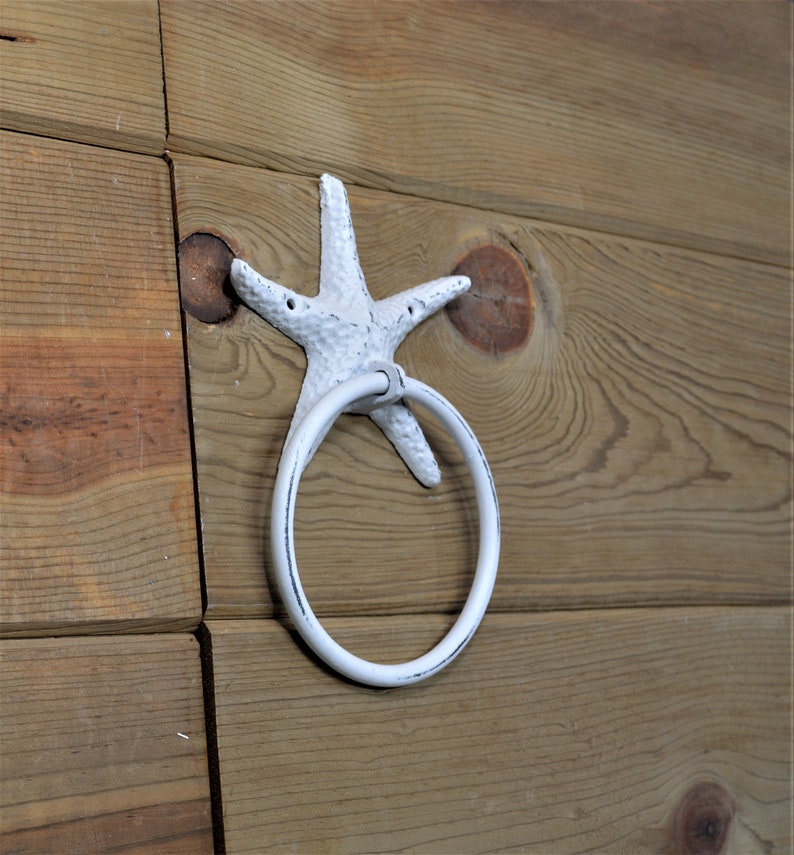 Starfish Towel Ring, Beach Nautical Decor, Coastal Bathroom Kitchen Hook, Star Fish Art image 4