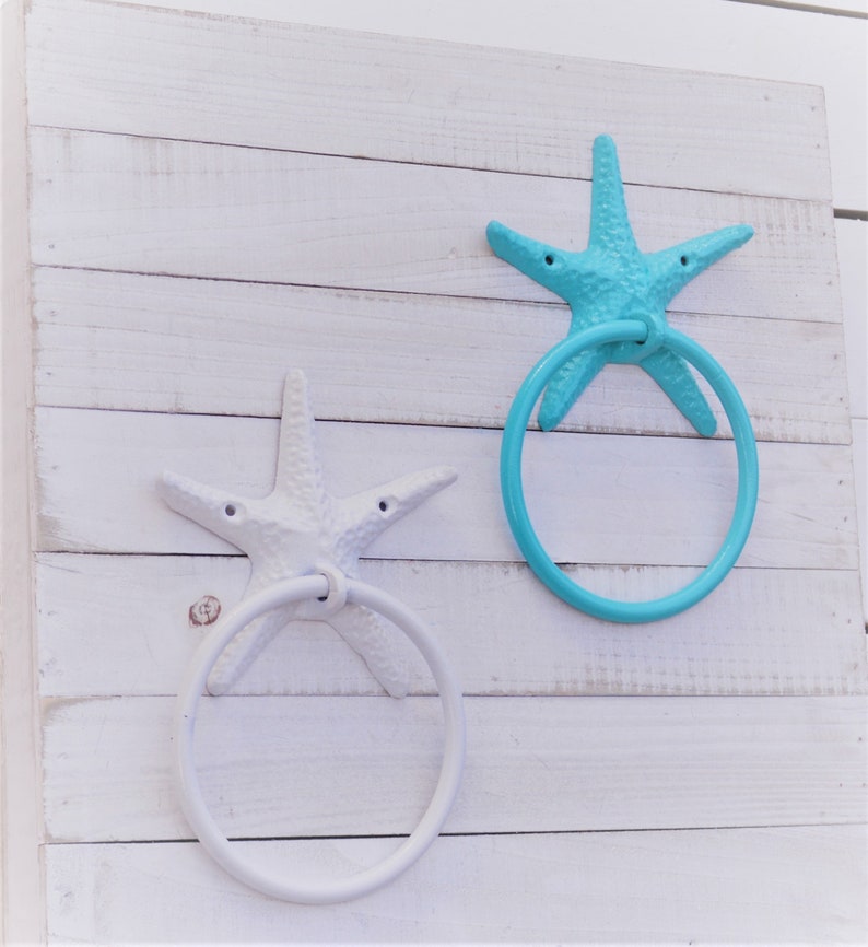 Starfish Towel Ring, Beach Nautical Decor, Coastal Bathroom Kitchen Hook, Star Fish Art image 1