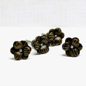Bronze Flower Knob, Rhinestone Drawer Pull, Bling Door Handle
